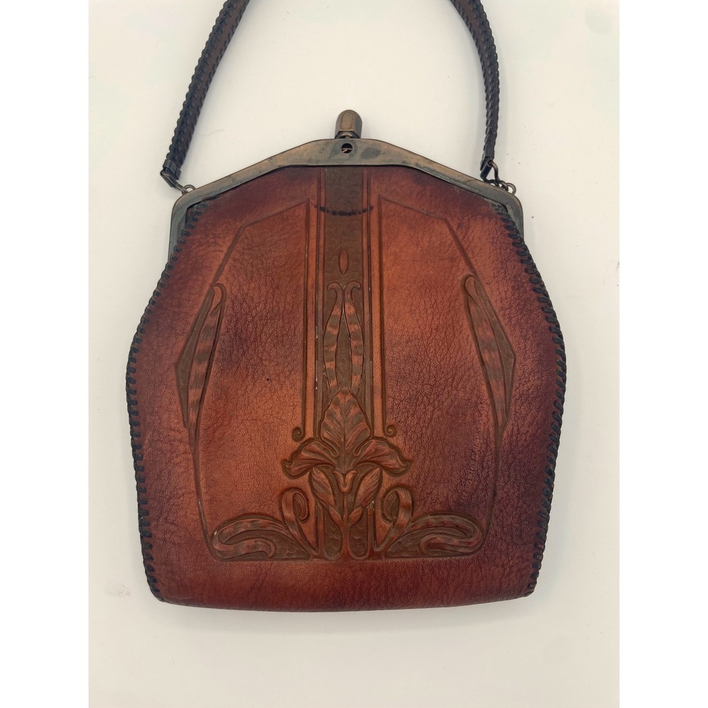 Vintage Tooled Leather Handbag Brown Art Nouveau Floral Embossed Frame Bag - Picture 6 of 12